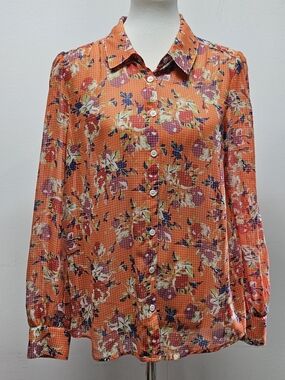 ModCloth Orange Floral Button Down Sheer Shirt Blouse LS Boho Top Size L